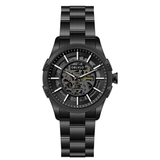 OBLVLO Stainless Steel Skeleton Dial Transparent Caseback Waterproof Men’s Mechanical Automatic Watch CAM-AR-SK-BBB - WatchWave